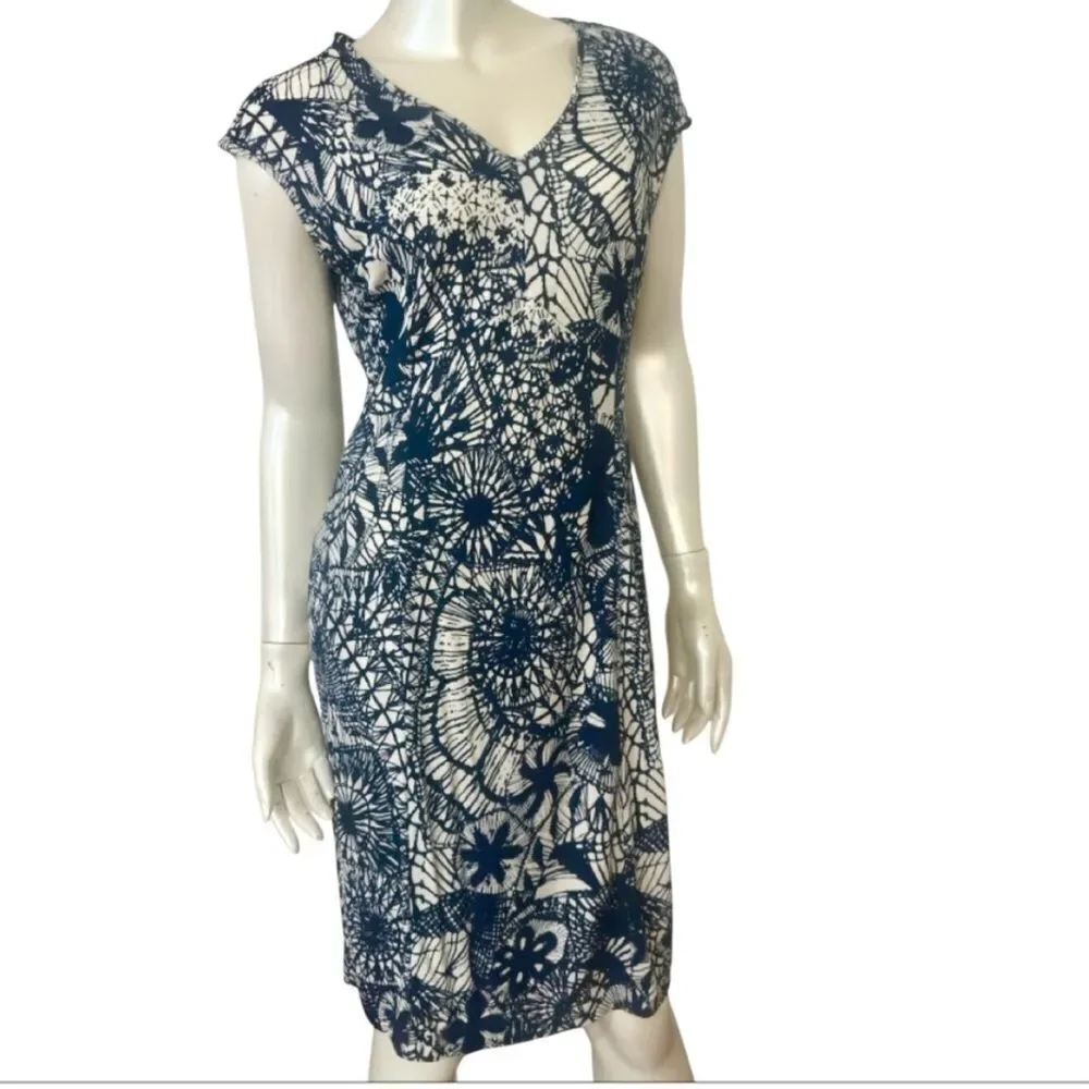 TORY BURCH Blue Baltic Sea Dream Catcher Dress MED Cap Sleeve V Neck Casua